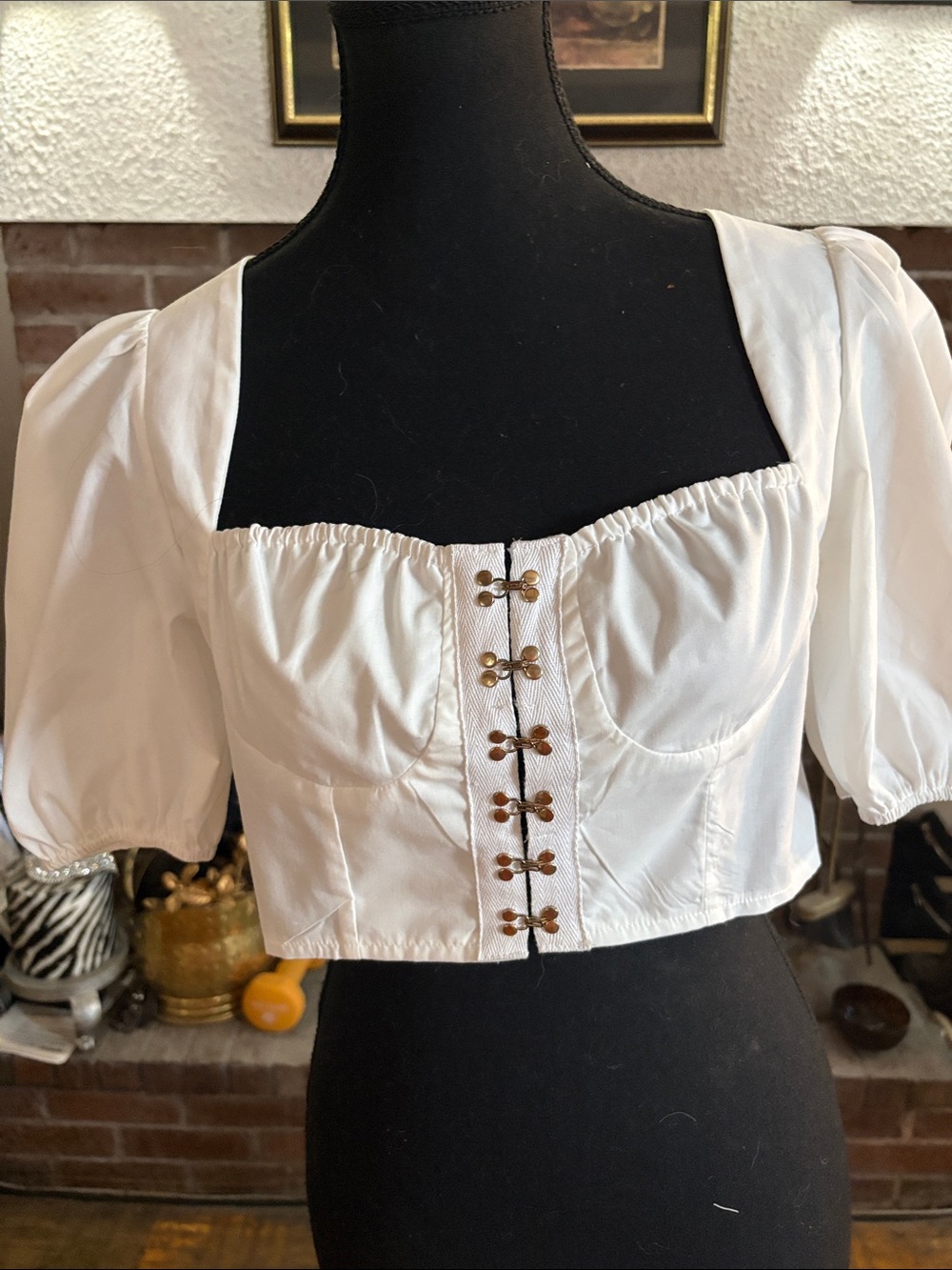 PrettyLittleThing White Puff Sleeve Cropped Peasant Top with Hook Front